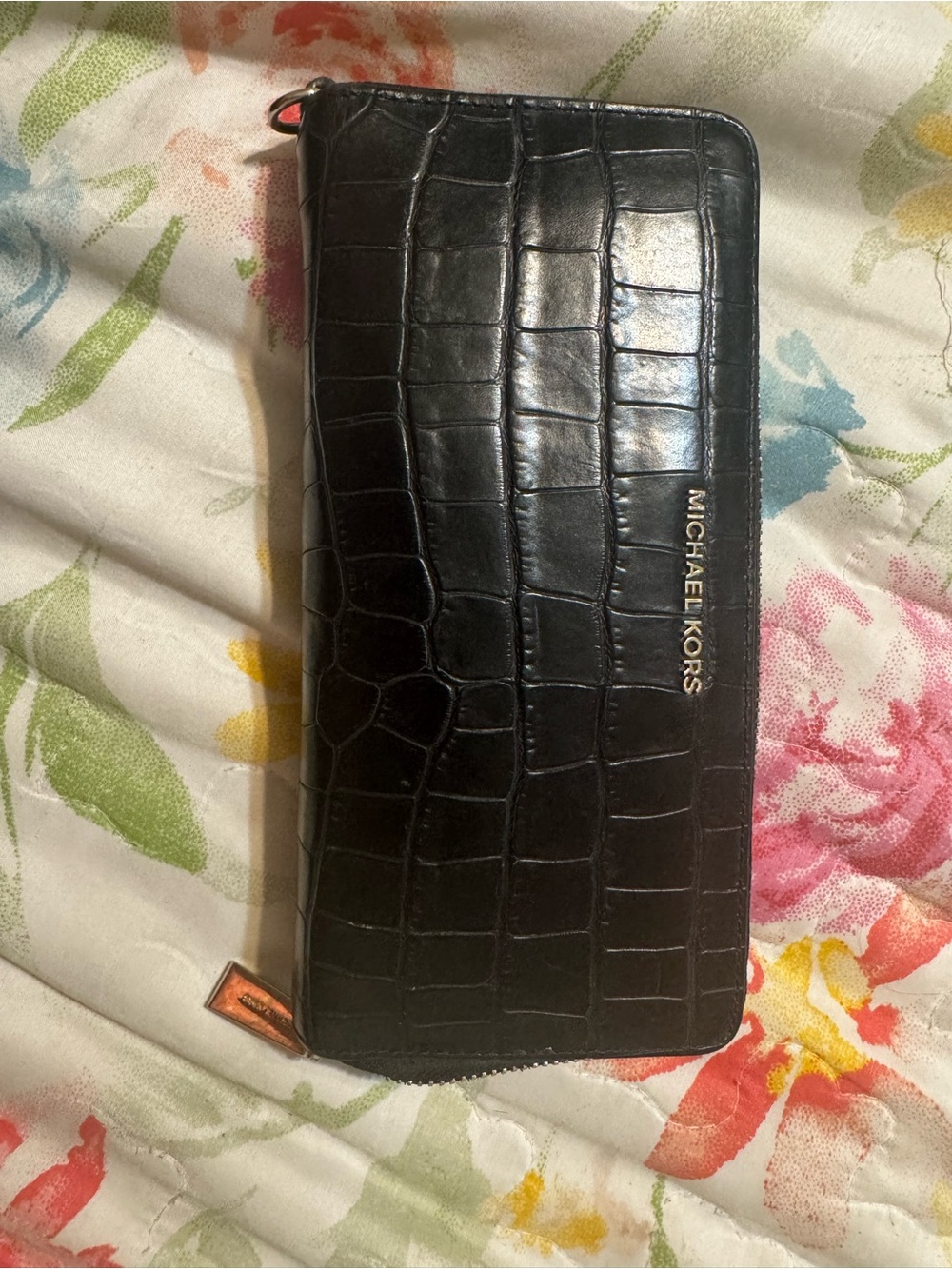Michael Kors Black Croc-Embossed Zip Around Wallet